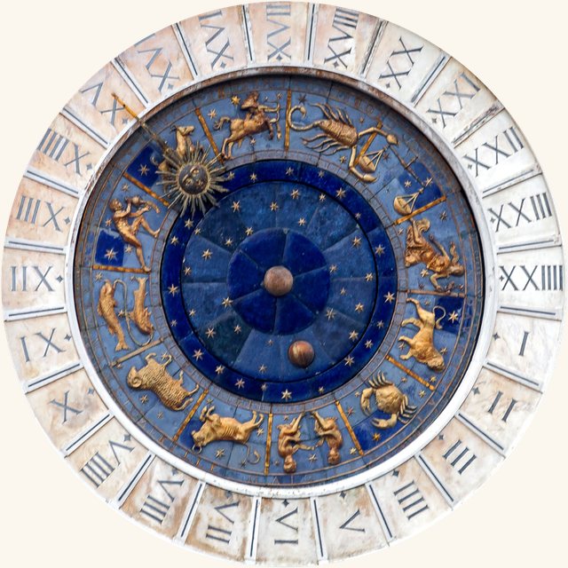 O relógio astronômico da Torre de São Marcos, em Veneza: os doze signos em ouro sobre azul