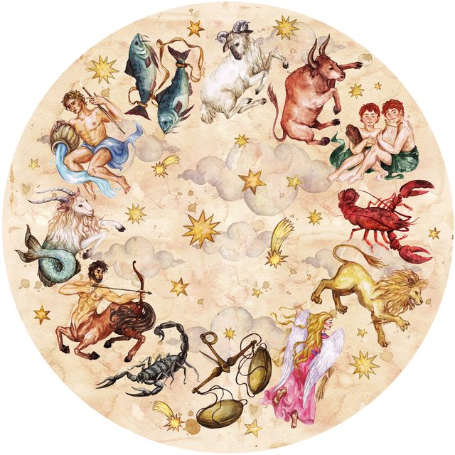 Roda do zodíaco em aquarela: os doze signos em círculo sobre pergaminho